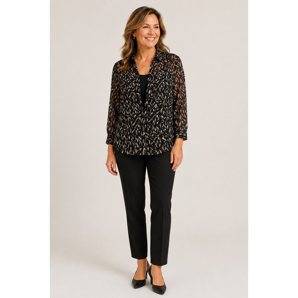 Chico's Women Black Gold Metallic Abstract Sheer Button Down Blouse Size 2 L